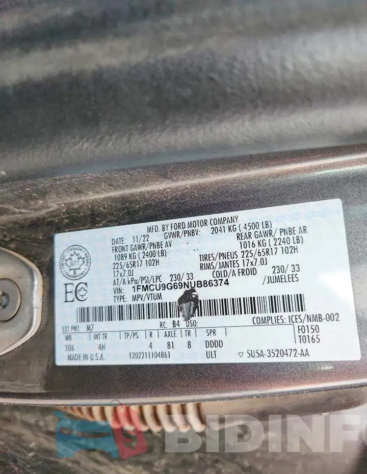 1FMCU9G69NUB86374 Photo# 13