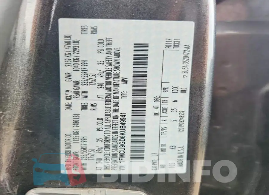 1FMCU9GD6KUB49941 Photo# 12