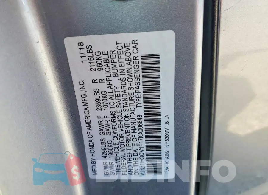 1HGCV1F17KA006848 Photo# 12