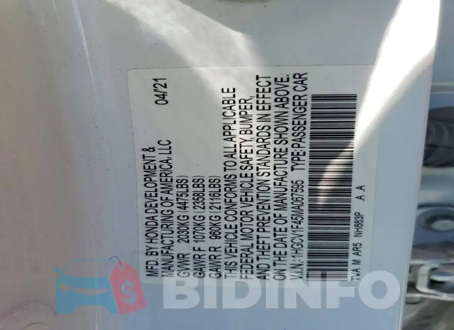 1HGCV1F45MA067595 Photo# 12