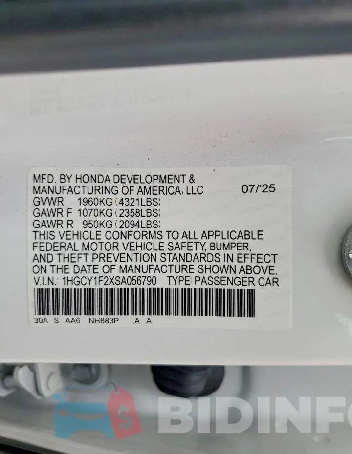 1HGCY1F2XSA056790 Photo# 12