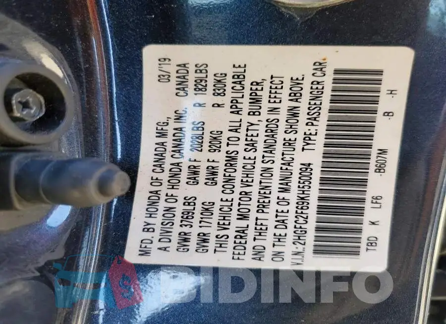 2HGFC2F69KH550094 Photo# 12
