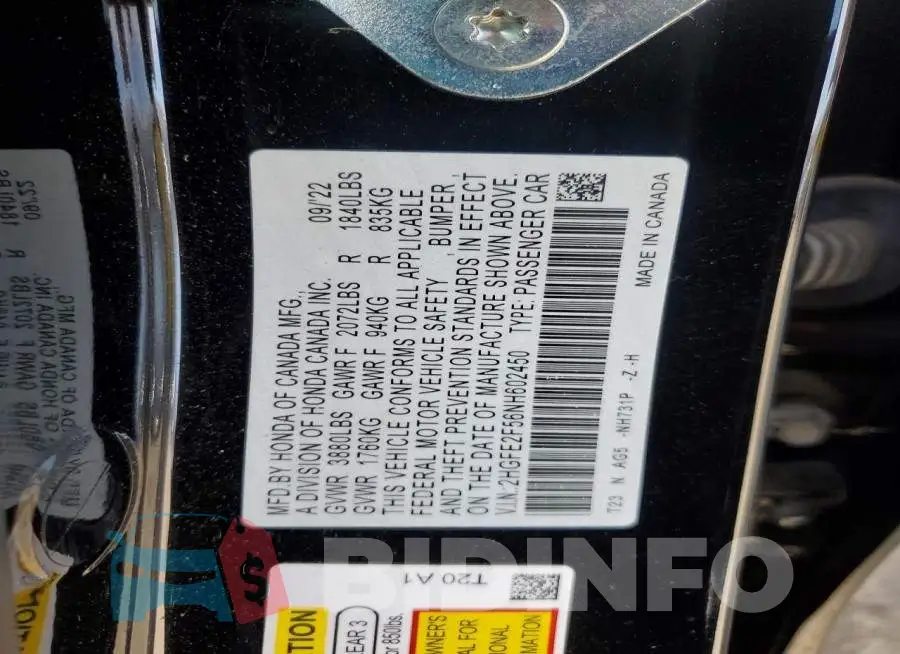 2HGFE2F56NH602450 Photo# 13