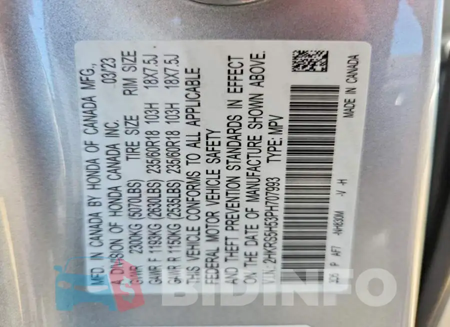2HKRS5H53PH707993 Photo# 13