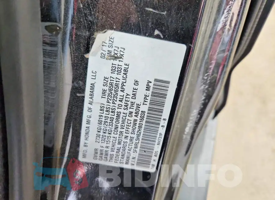 5FNRL5H62HB016038 Photo# 13