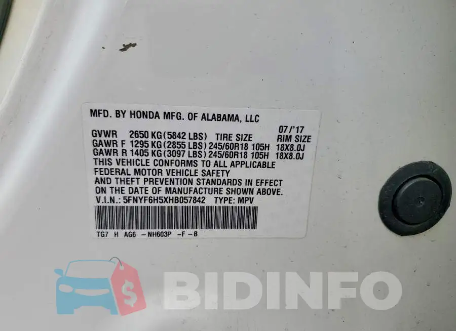 5FNYF6H5XHB057842 Photo# 13