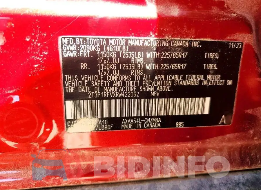 2T3P1RFVXRW422062 Photo# 13