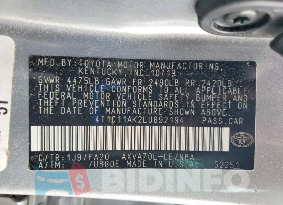 4T1C11AK2LU892194 Photo# 12