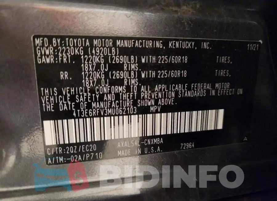 4T3E6RFV3MU062103 Photo# 13