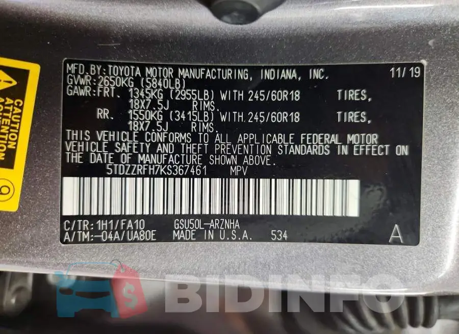 5TDZZRFH7KS367461 Photo# 13