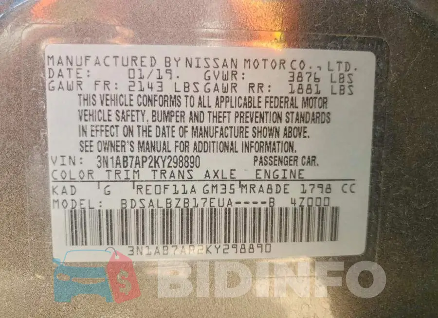 3N1AB7AP2KY298890 Photo# 13