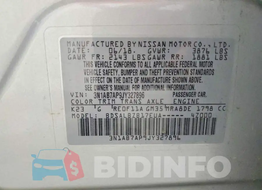 3N1AB7AP9JY327896 Photo# 13