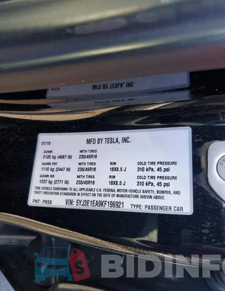 5YJ3E1EA9KF196921 Photo# 12