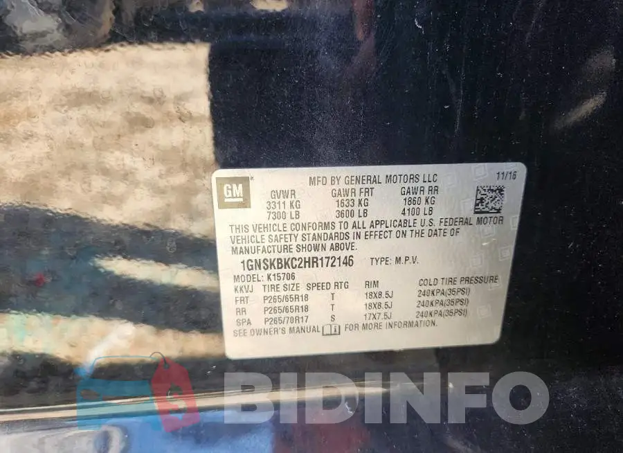 1GNSKBKC2HR172146 Photo# 12
