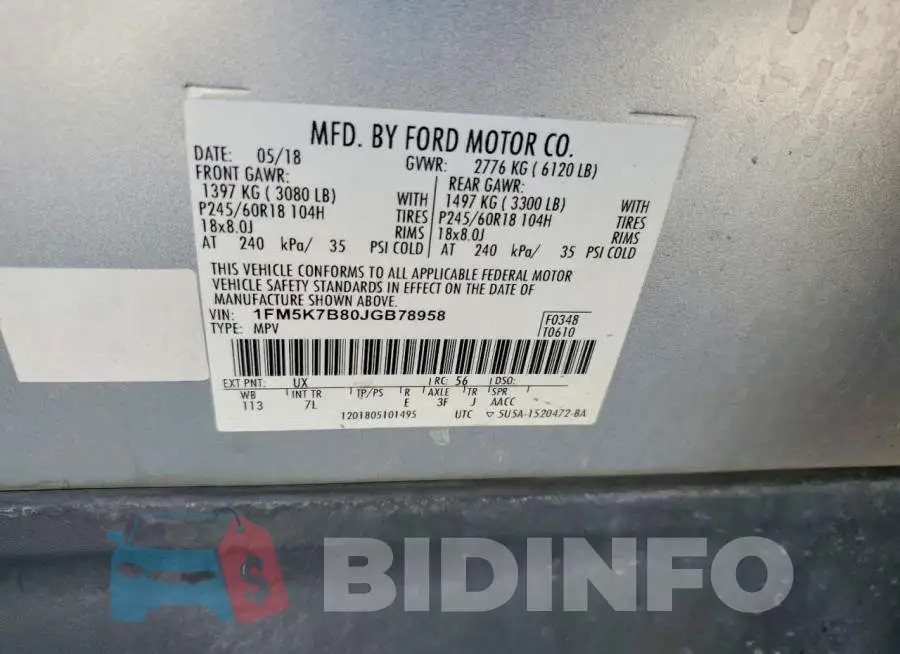 1FM5K7B80JGB78958 Photo# 13