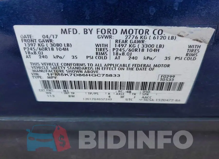 1FM5K7D86HGC75833 Photo# 13