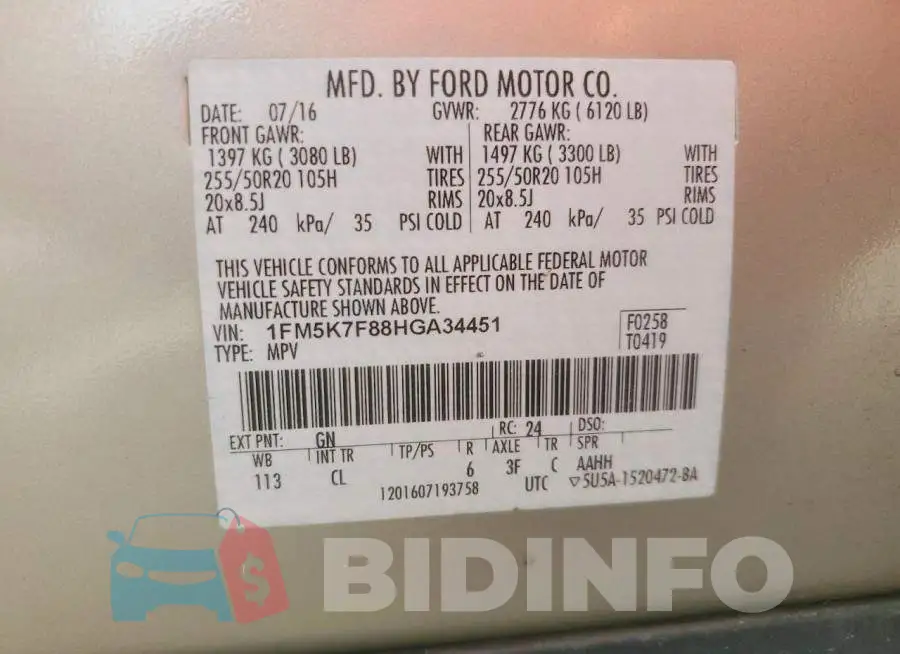 1FM5K7F88HGA34451 Photo# 13