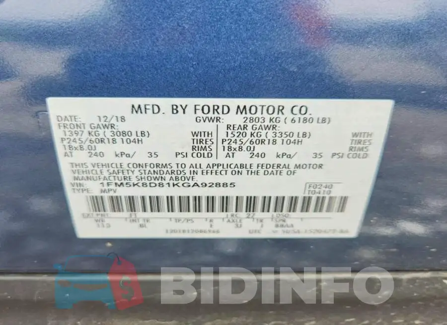 1FM5K8D81KGA92885 Photo# 13