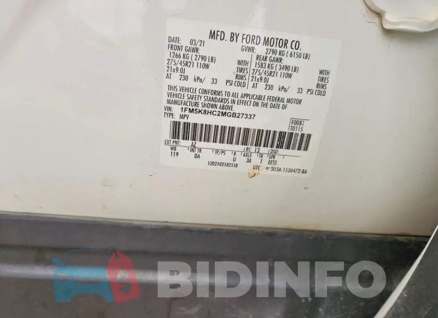 1FM5K8HC2MGB27337 Photo# 13