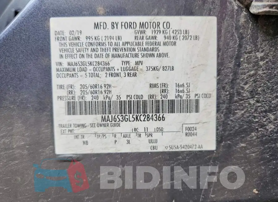 MAJ6S3GL5KC284366 Photo# 13