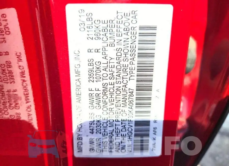 1HGCV1F30KA067847 Photo# 12
