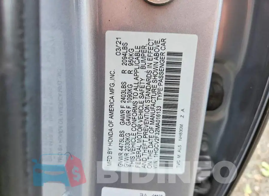 1HGCV2F32MA016133 Photo# 12