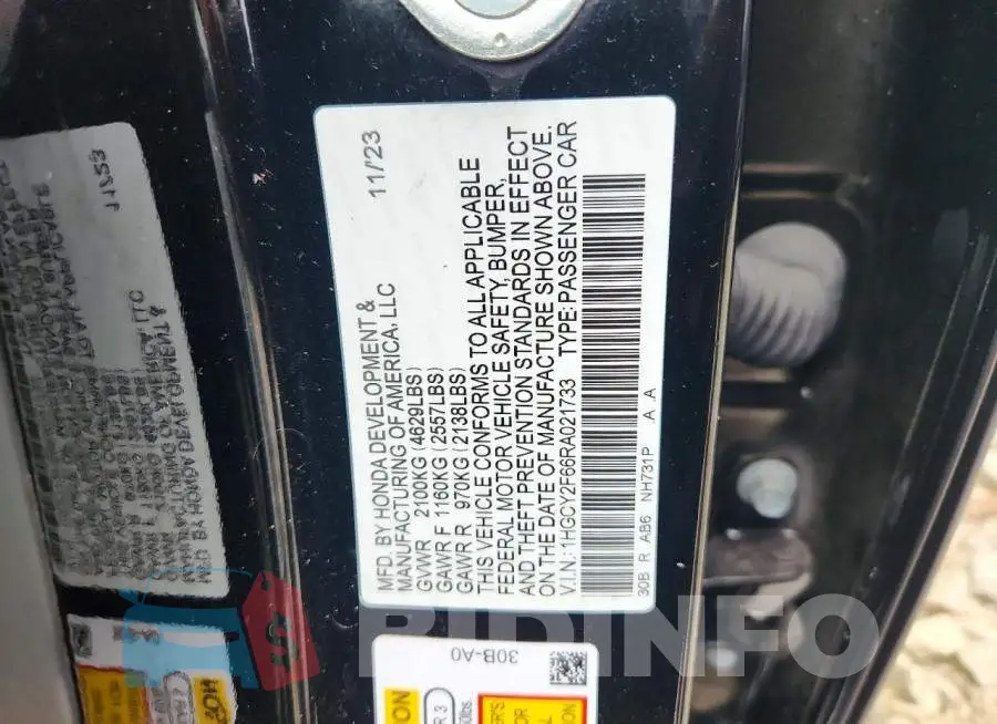 1HGCY2F66RA021733 Photo# 12