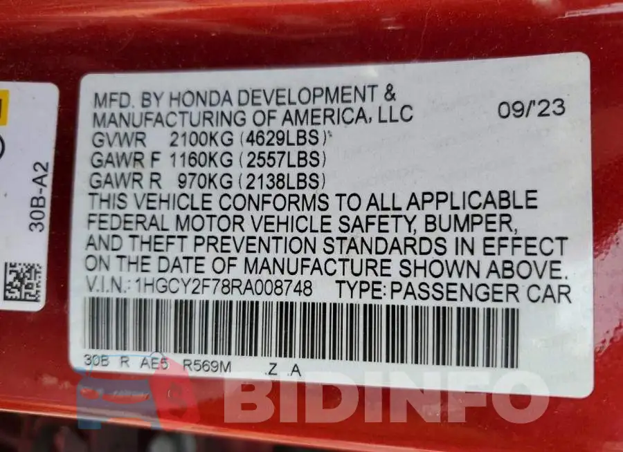 1HGCY2F78RA008748 Photo# 13