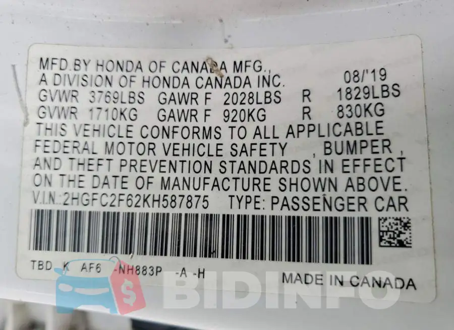 2HGFC2F62KH587875 Photo# 12