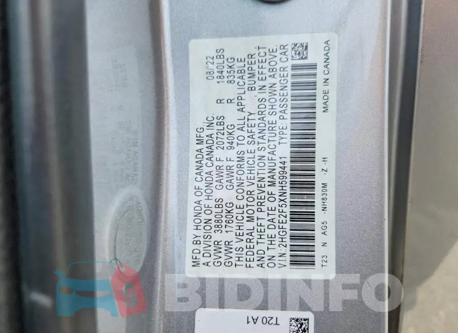 2HGFE2F5XNH599441 Photo# 12