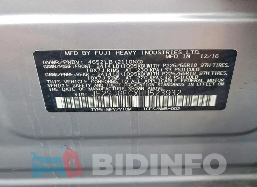 JF2SJGECXHH523932 Photo# 13
