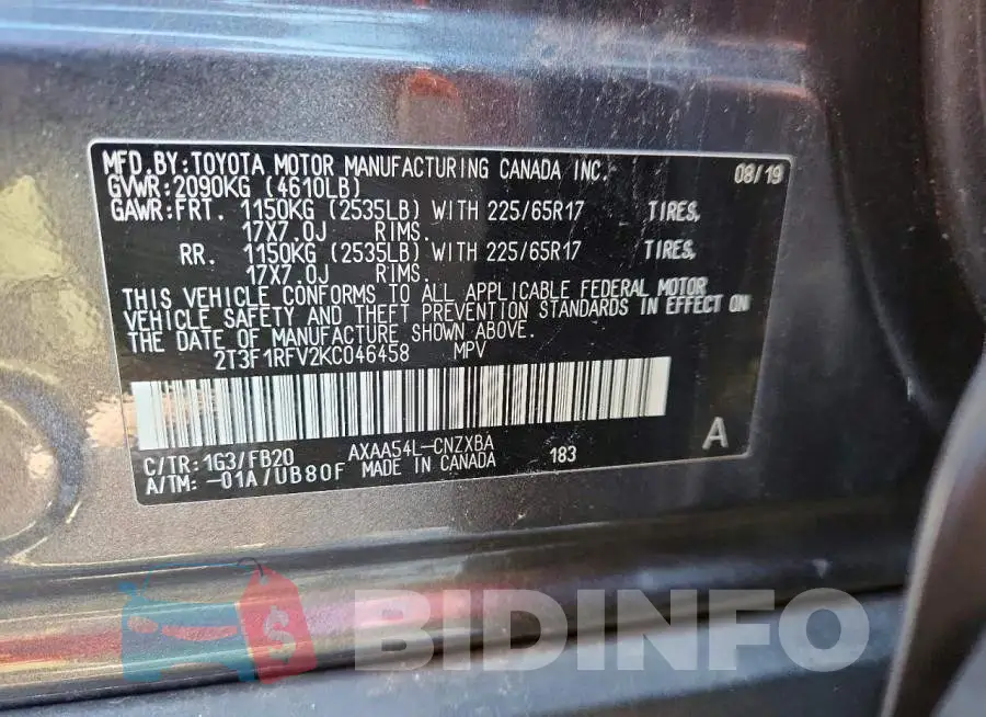 2T3F1RFV2KC046458 Photo# 13