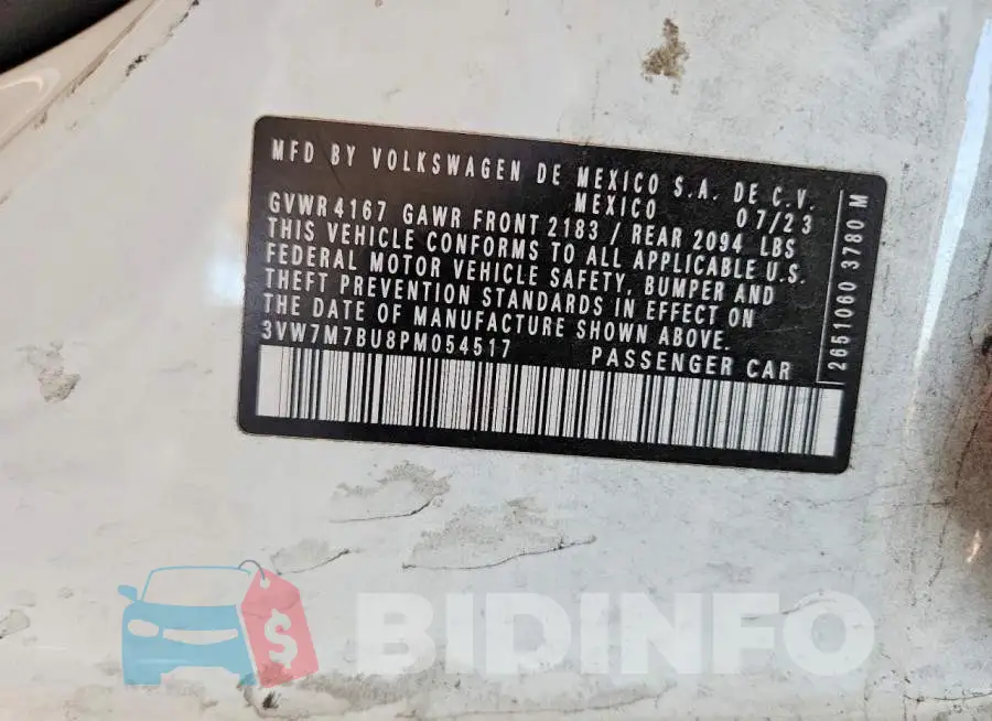 3VW7M7BU8PM054517 Photo# 12