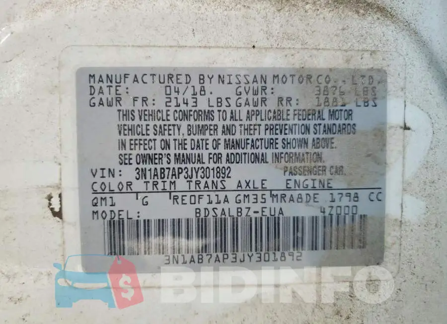 3N1AB7AP3JY301892 Photo# 12