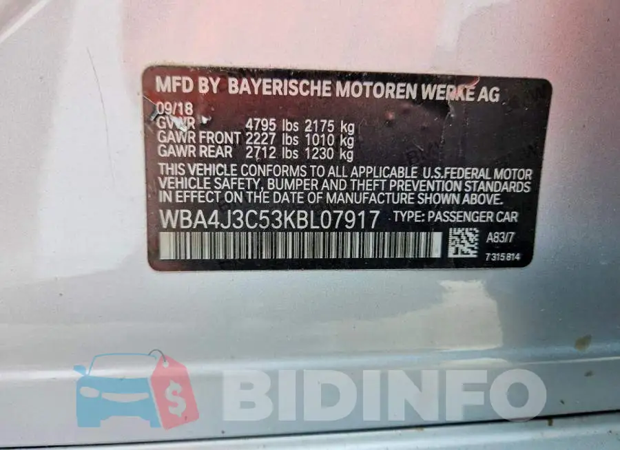 WBA4J3C53KBL07917 Photo# 12