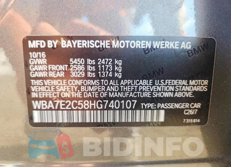 WBA7E2C58HG740107 Photo# 12