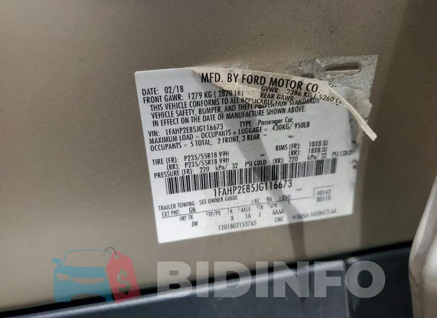 1FAHP2E85JG116673 Photo# 12