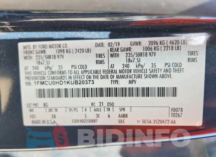 1FMCU0HD1KUB20373 Photo# 14