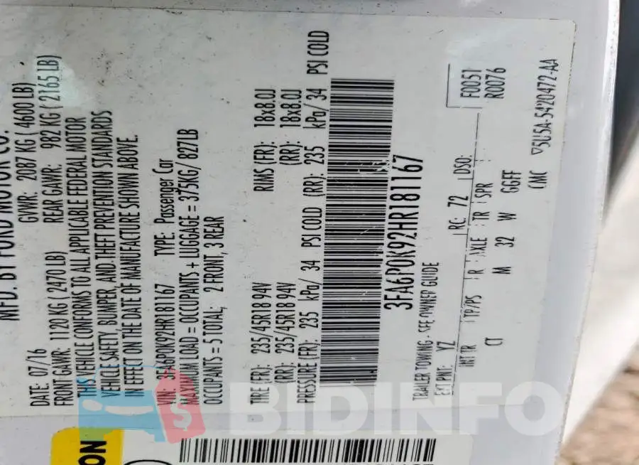 3FA6P0K92HR181167 Photo# 12
