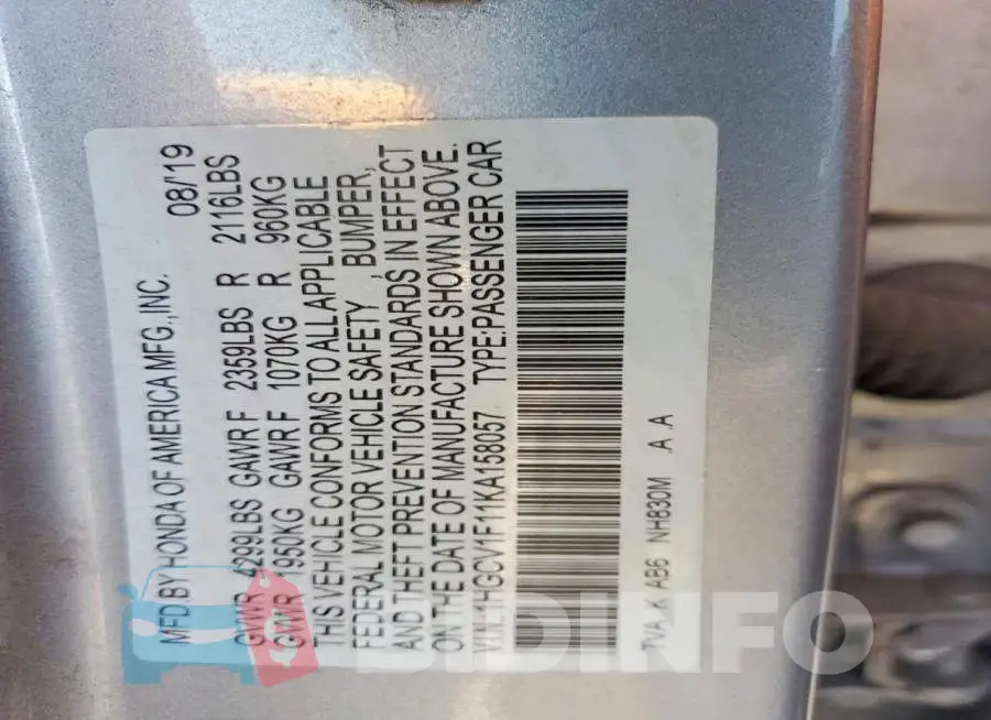 1HGCV1F11KA158057 Photo# 12