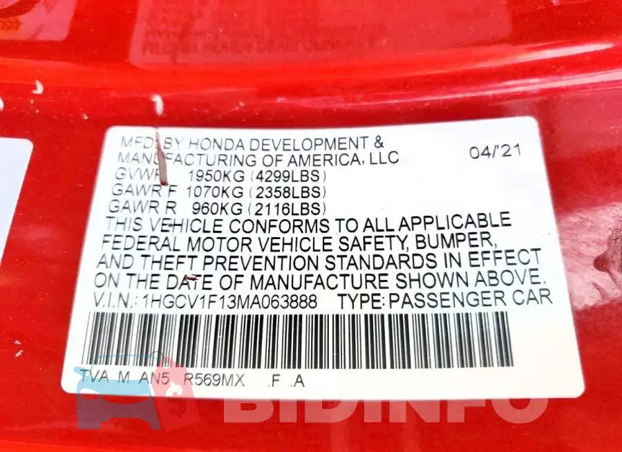 1HGCV1F13MA063888 Photo# 13