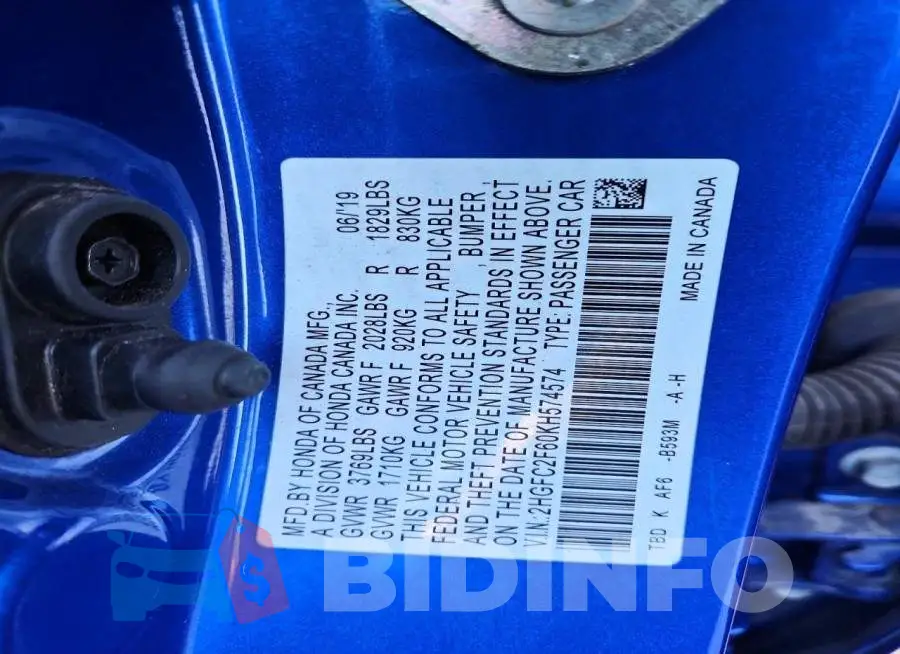 2HGFC2F60KH574574 Photo# 12