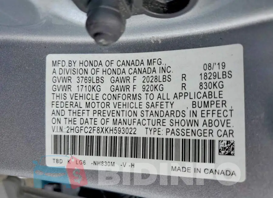 2HGFC2F8XKH593022 Photo# 12