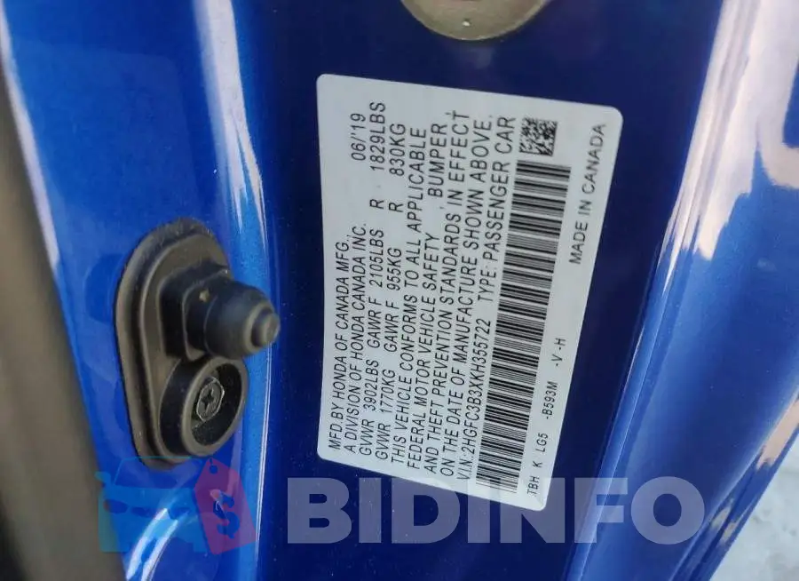 2HGFC3B3XKH355722 Photo# 12