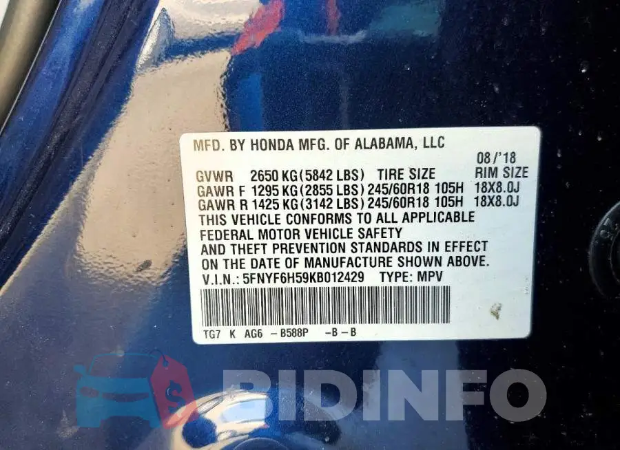 5FNYF6H59KB012429 Photo# 13