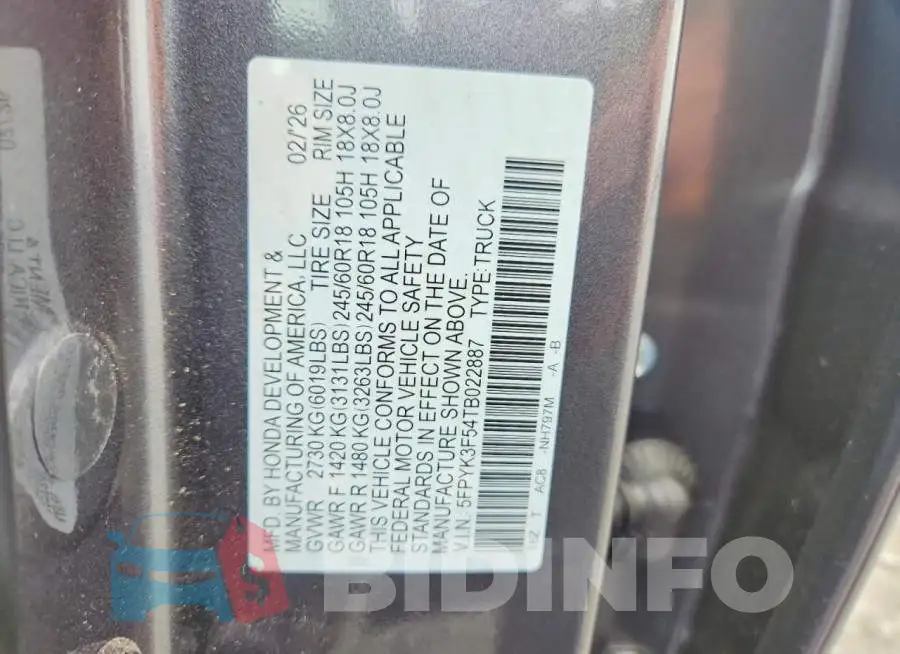 5FPYK3F54TB022887 Photo# 12