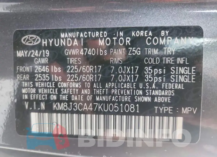 KM8J3CA47KU051081 Photo# 14