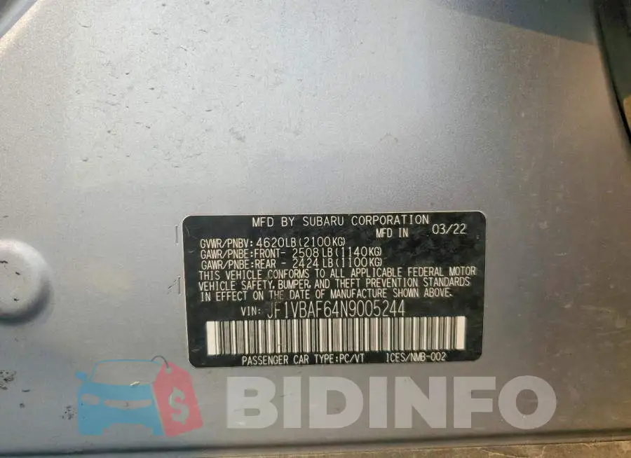 JF1VBAF64N9005244 Photo# 12