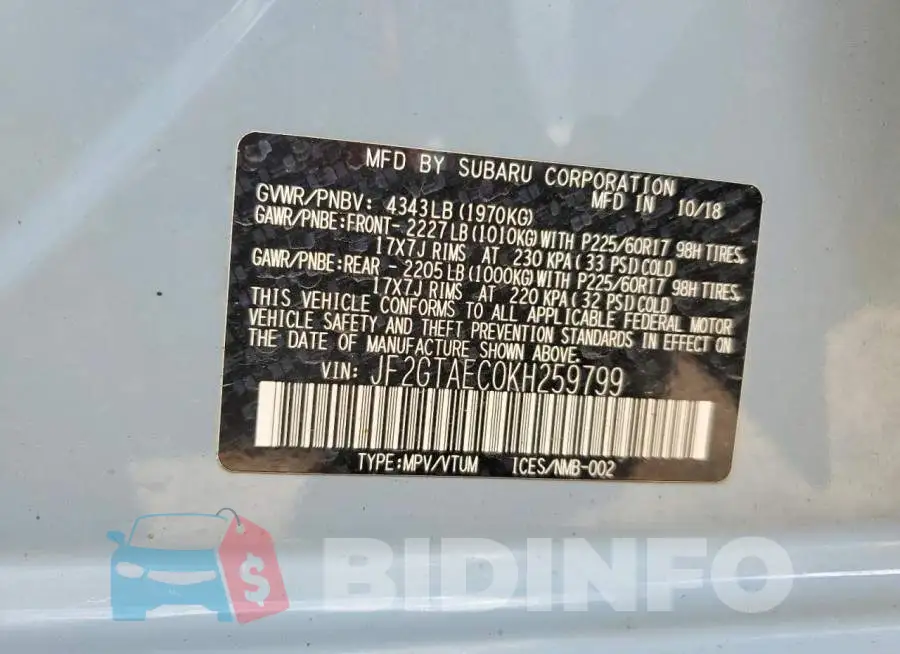JF2GTAEC0KH259799 Photo# 13