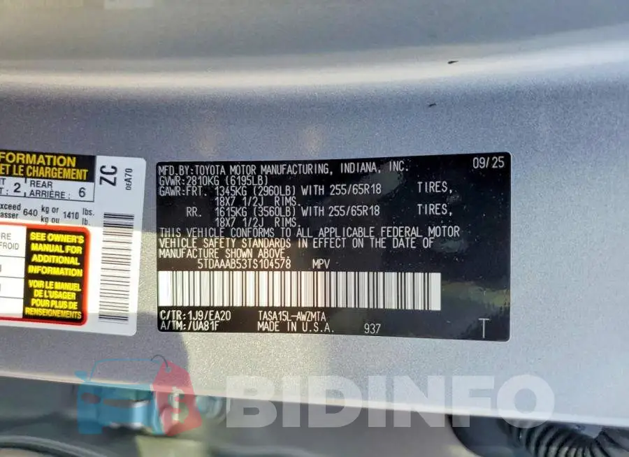 5TDAAAB53TS104578 Photo# 13